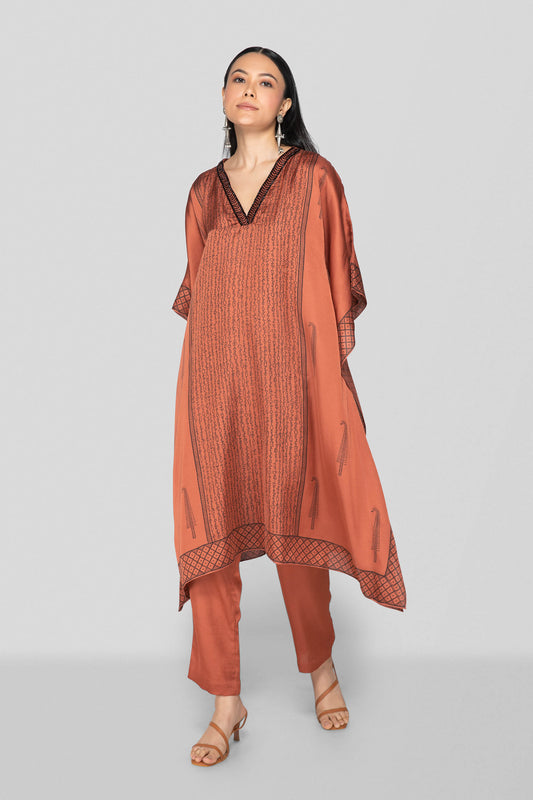 Dark Peach Hand Block Printed Kaftan Set- Sanjeev Marwaaha