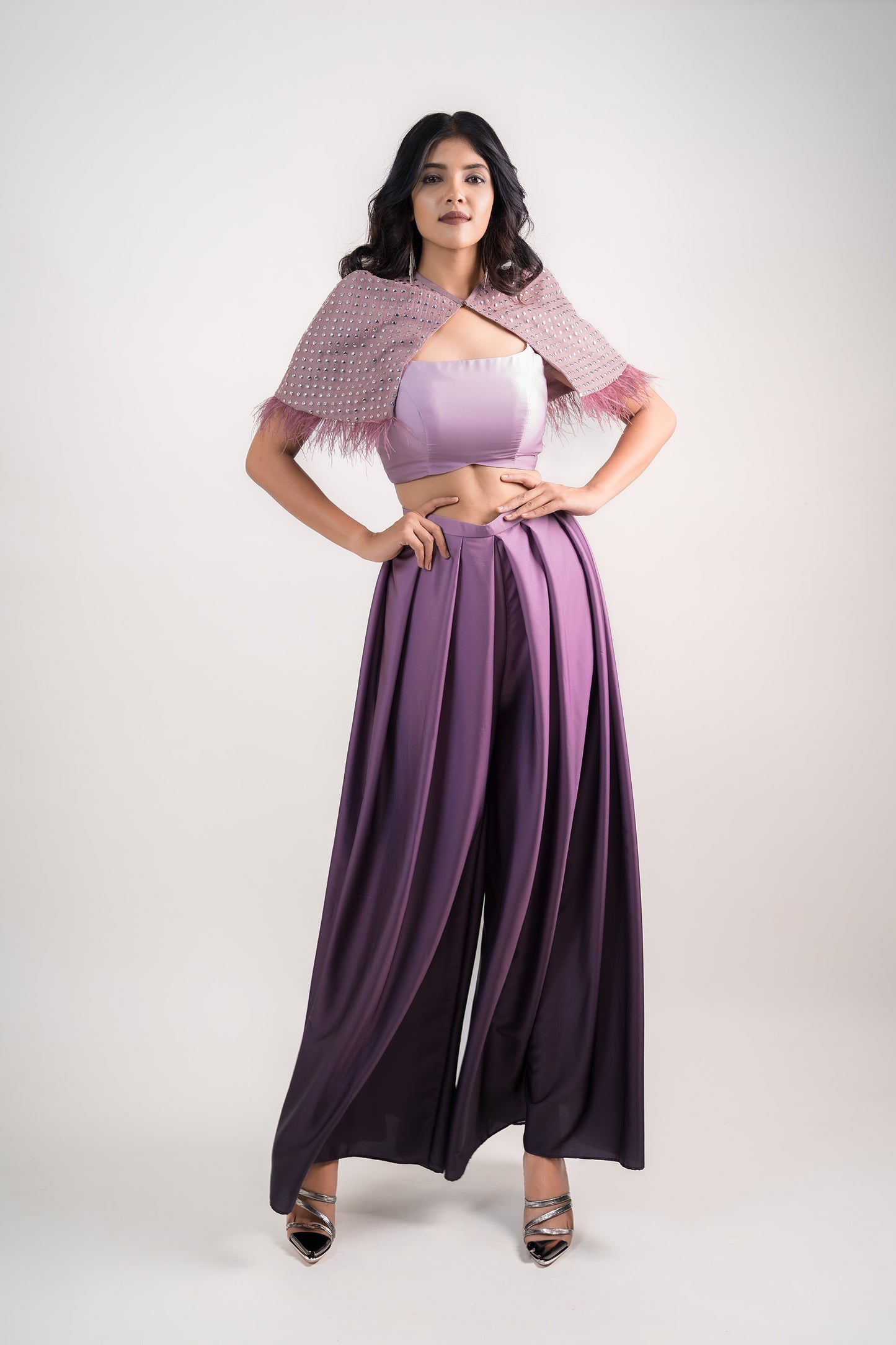 Wine Ombre Box Pleated Plazzo Pants with Fur Shrug & Crop-Top