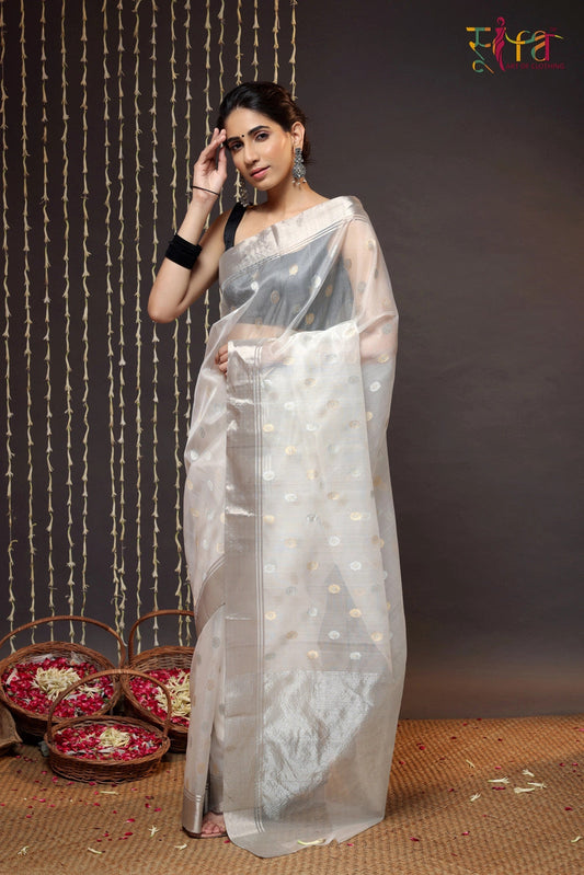 Handloom White Chanderi Silk Saree With Gold & Silver Zari