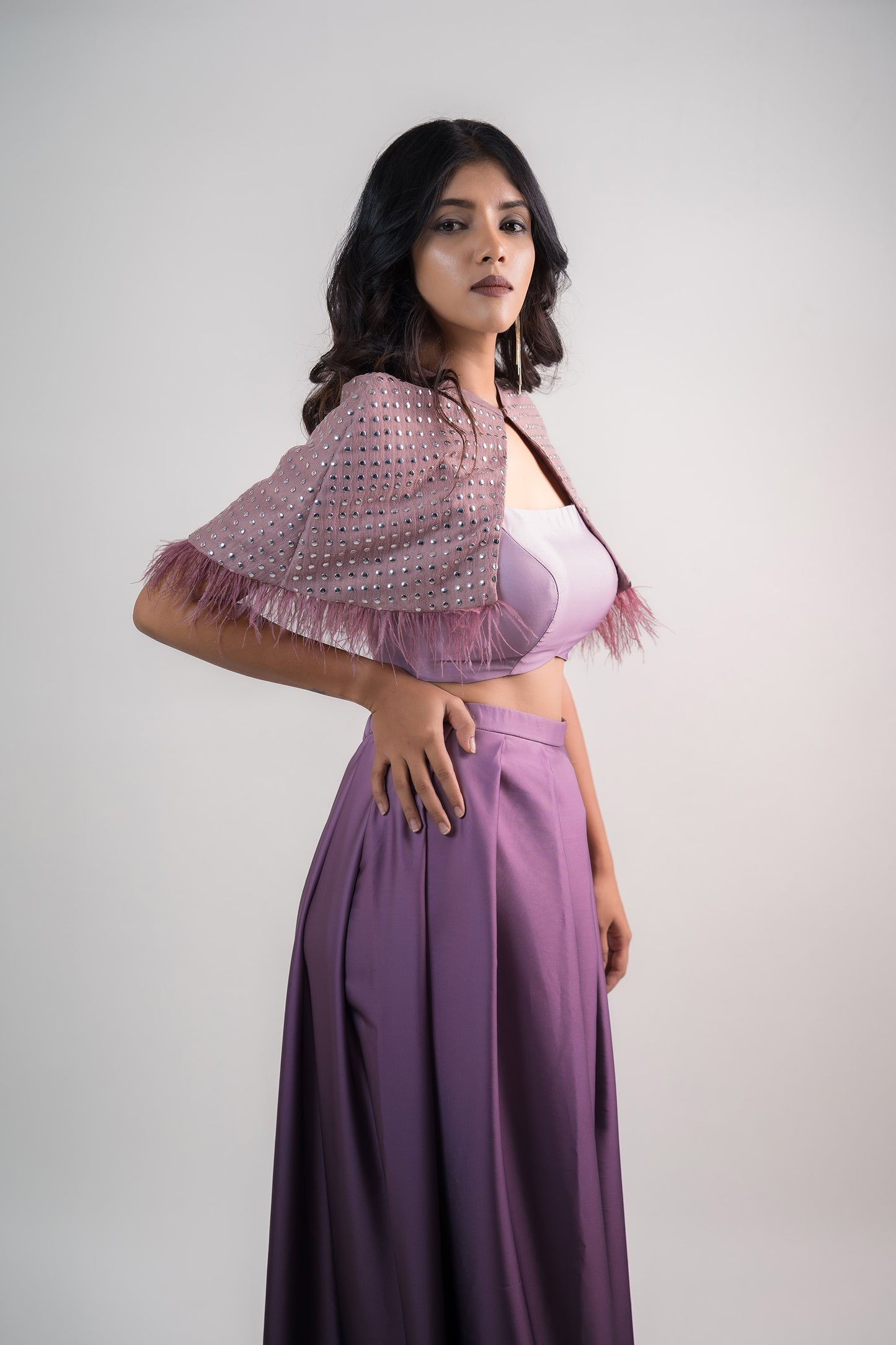 Wine Ombre Box Pleated Plazzo Pants with Fur Shrug & Crop-Top