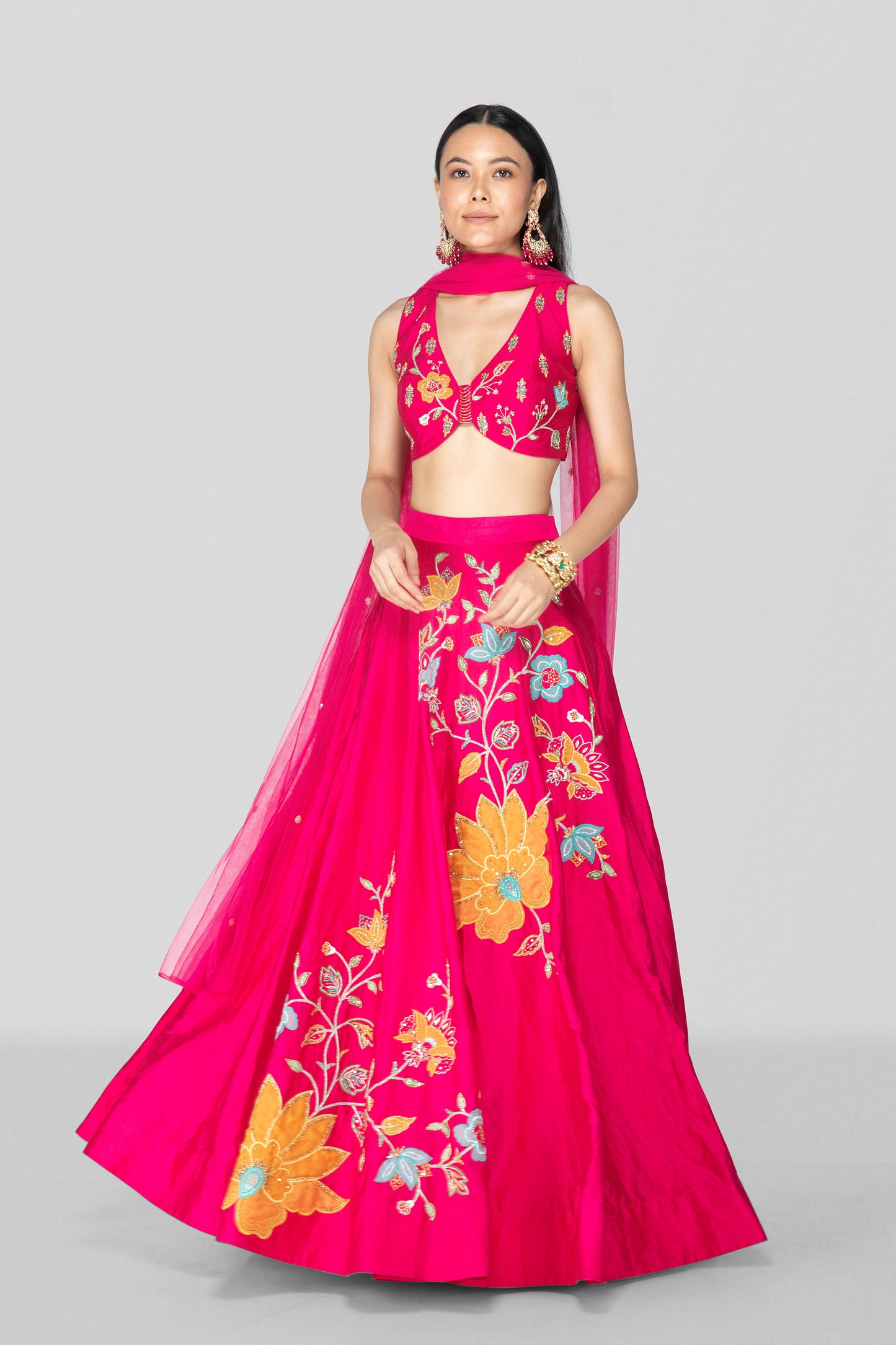 Hot Pink Applique Lehenga Set - Sanjev Marwaaha