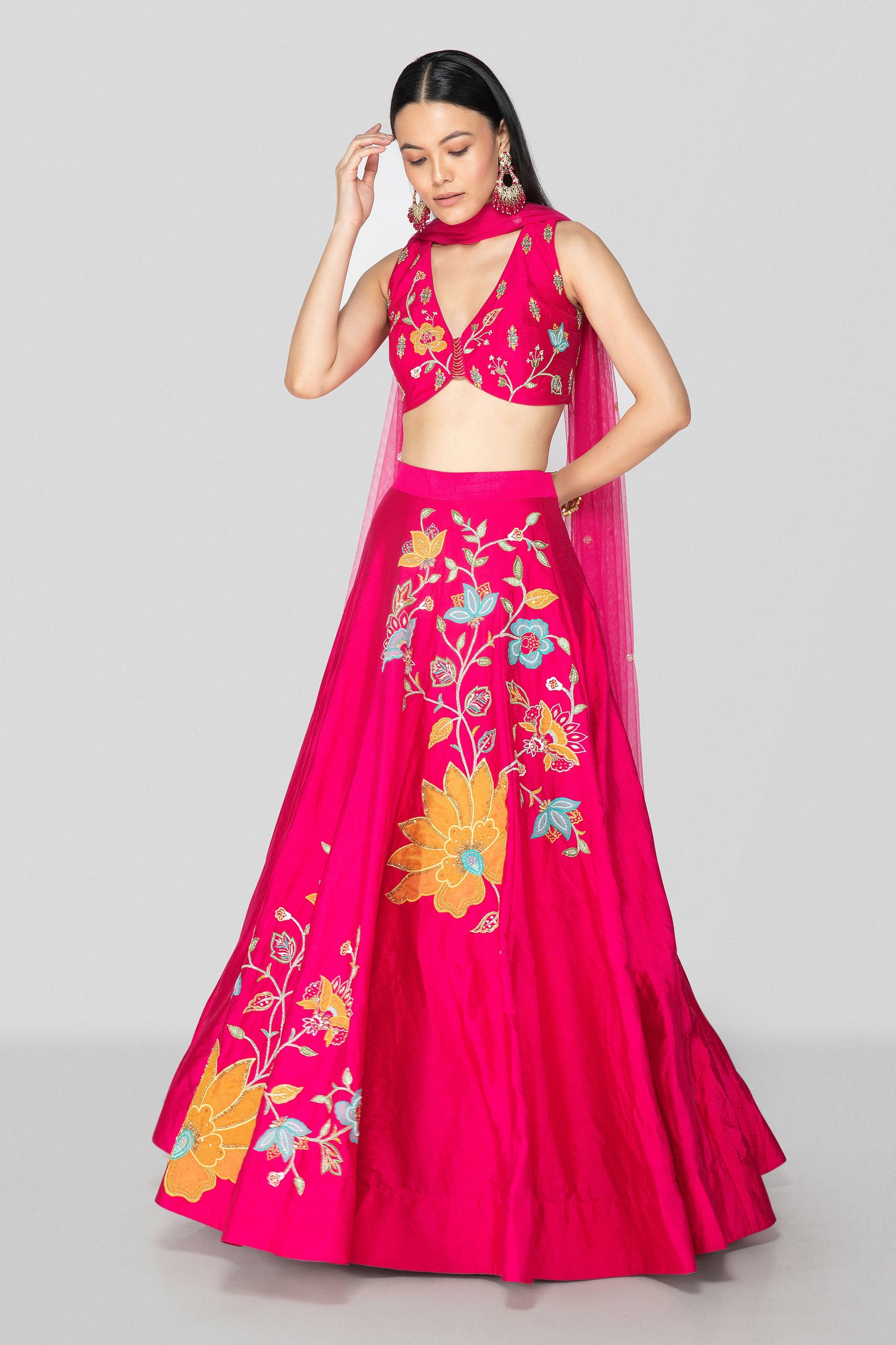 Hot Pink Applique Lehenga Set - Sanjev Marwaaha