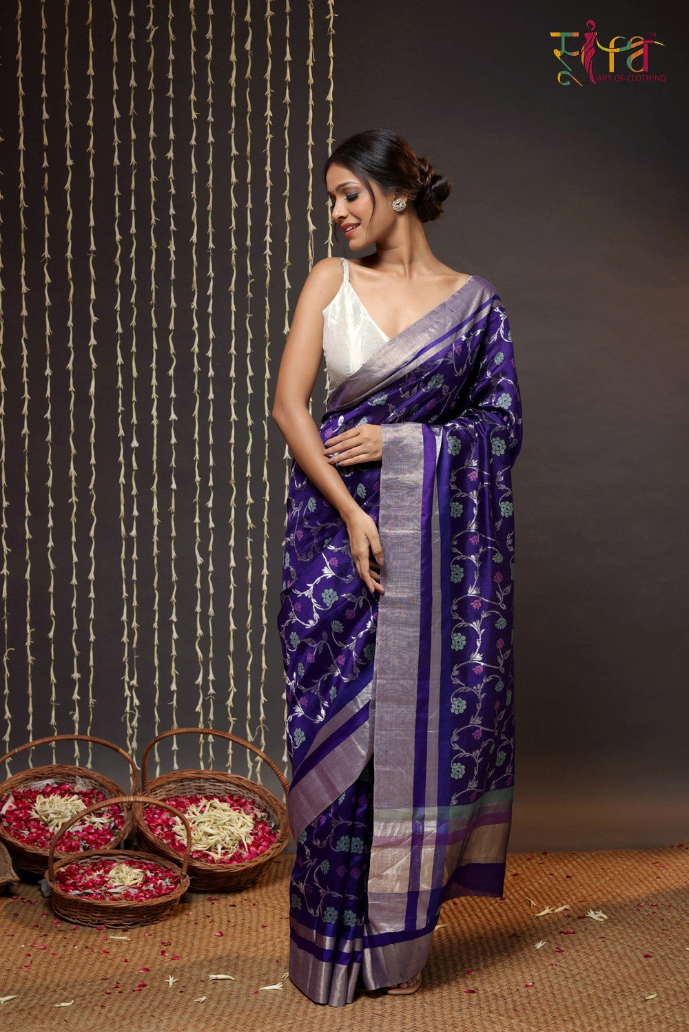 Handloom Violet Pure Silk Chanderi Saree With Floral Motifs