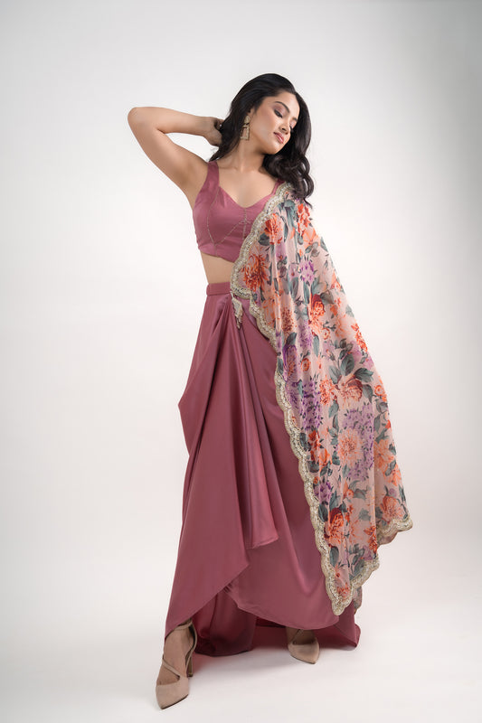 Onion Pink Draped Skirt with Crop Top & Crop Printed Pallu with Scalloped Edges