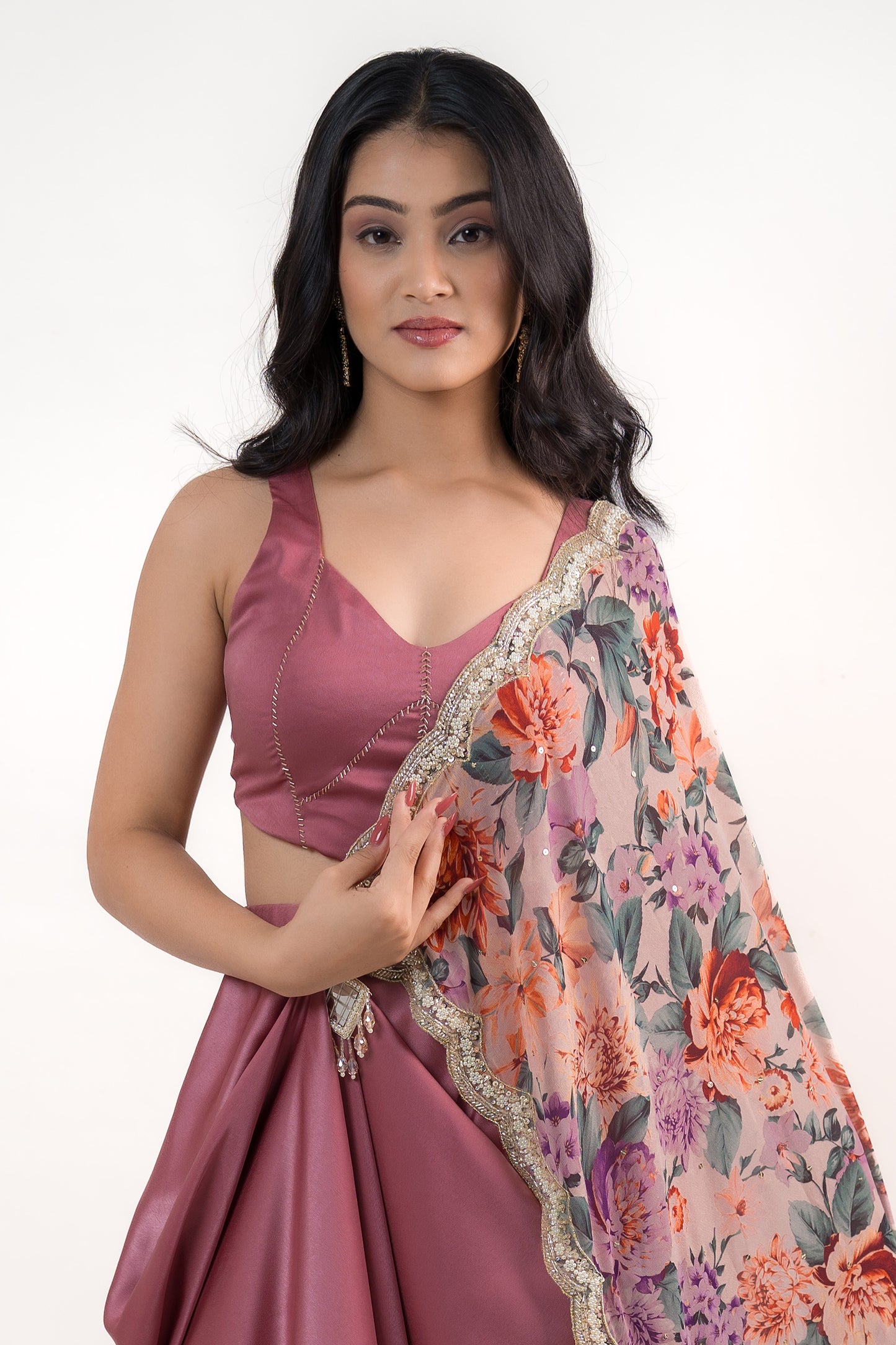 Onion Pink Draped Skirt with Crop Top & Crop Printed Pallu with Scalloped Edges