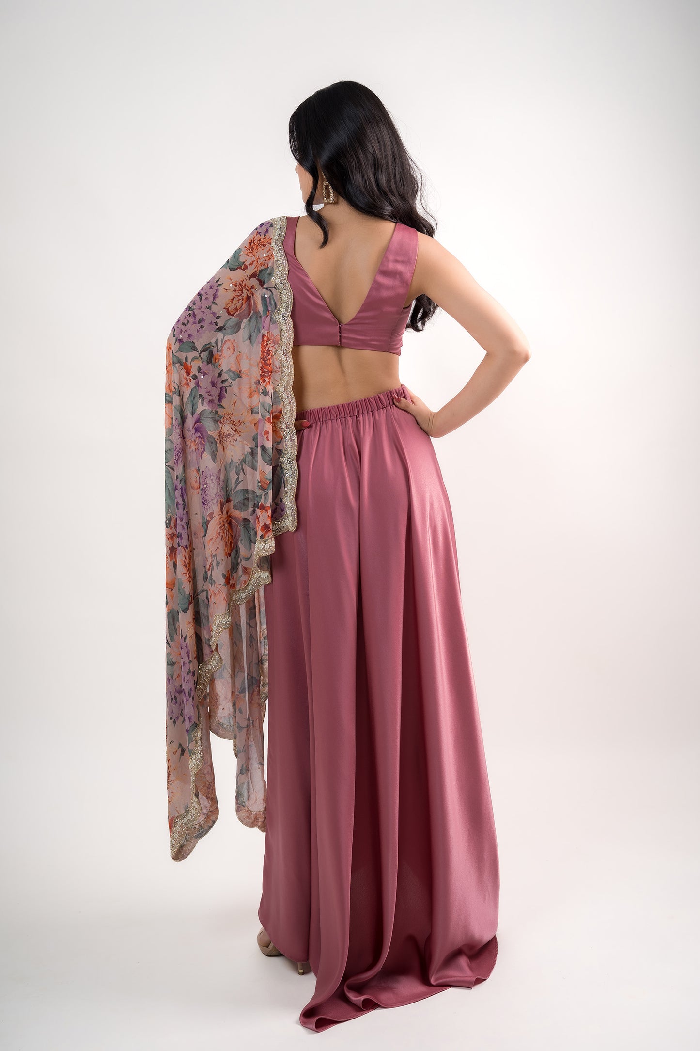 Onion Pink Draped Skirt with Crop Top & Crop Printed Pallu with Scalloped Edges