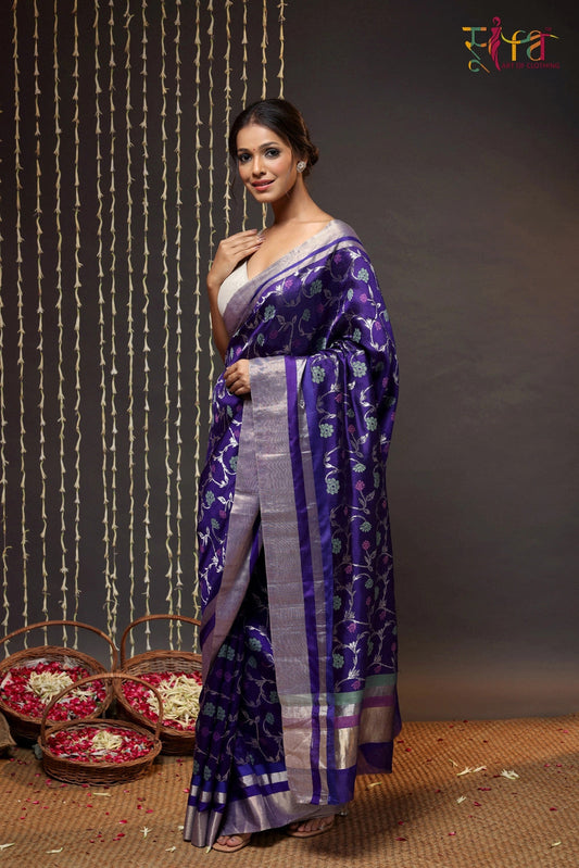 Handloom Violet Pure Silk Chanderi Saree With Floral Motifs