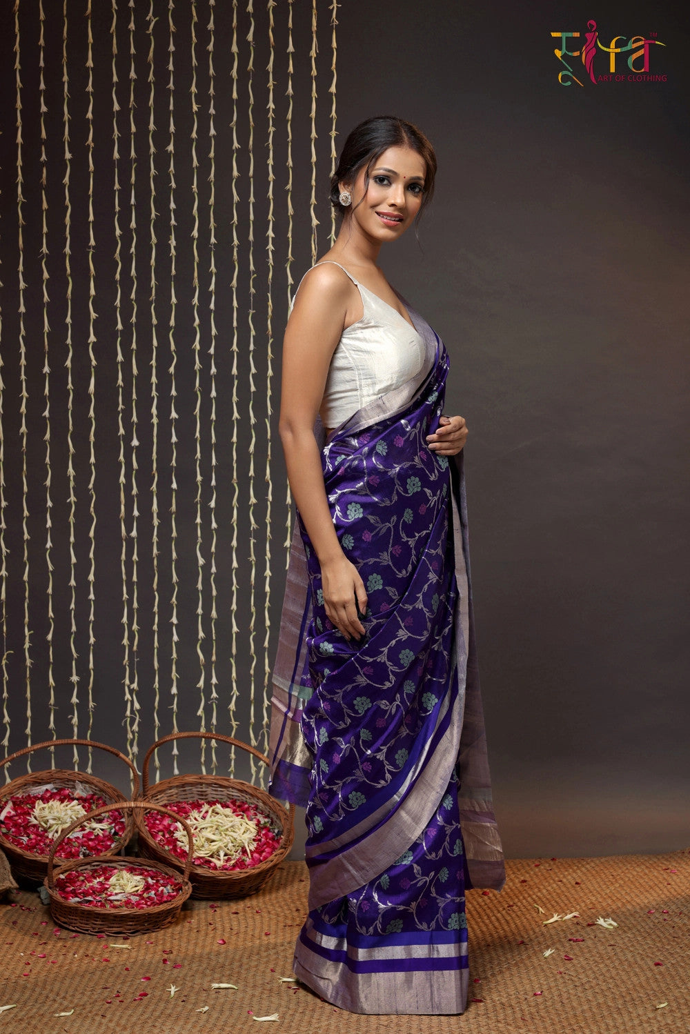 Handloom Violet Pure Silk Chanderi Saree With Floral Motifs