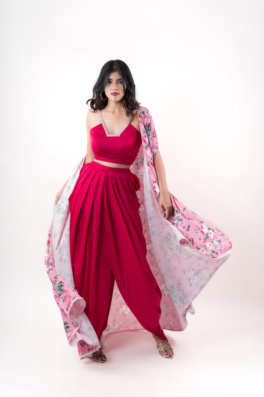 Hot pink crop top, Draped dhoti style skirt , playful printed shrug - Ensemble