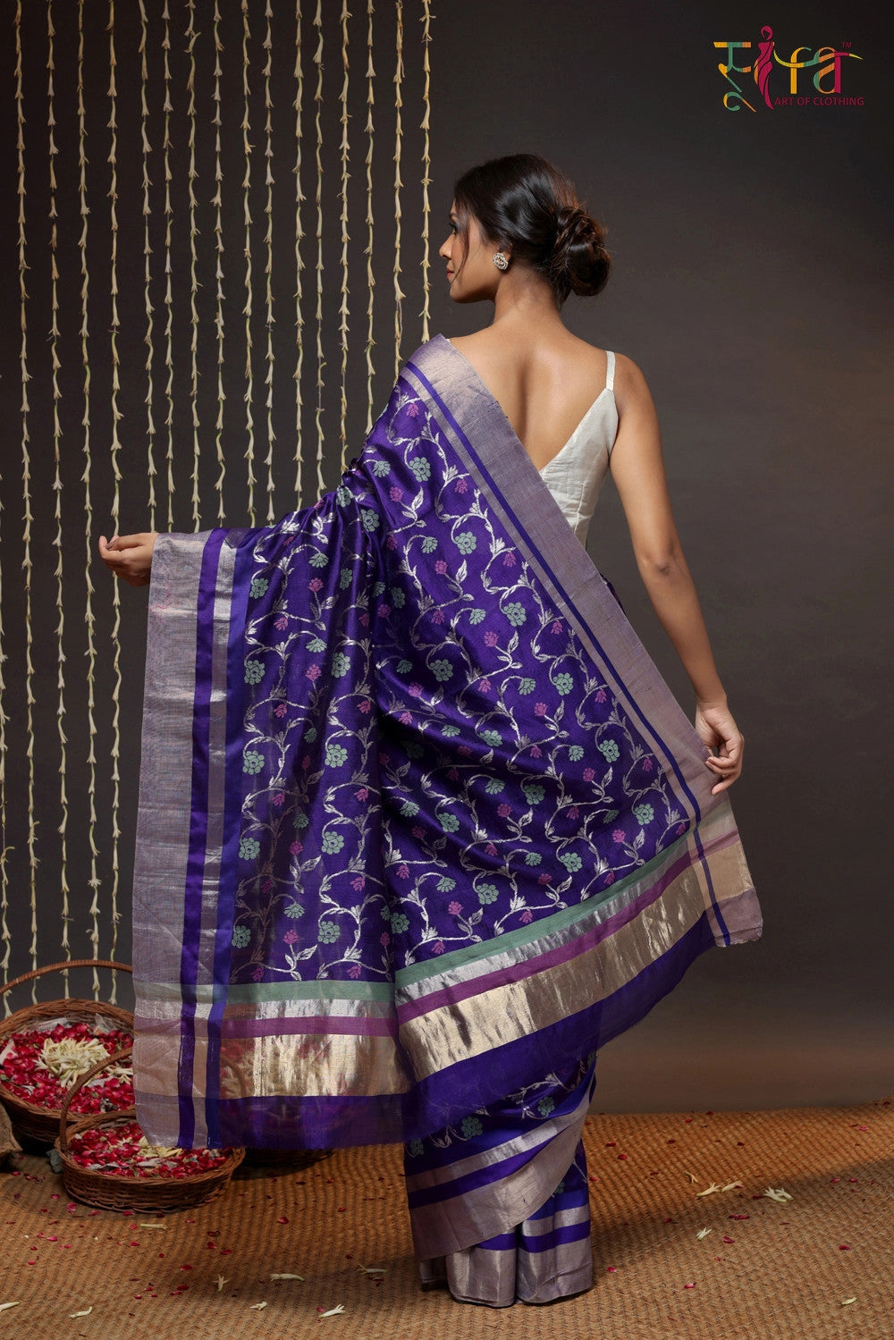 Handloom Violet Pure Silk Chanderi Saree With Floral Motifs