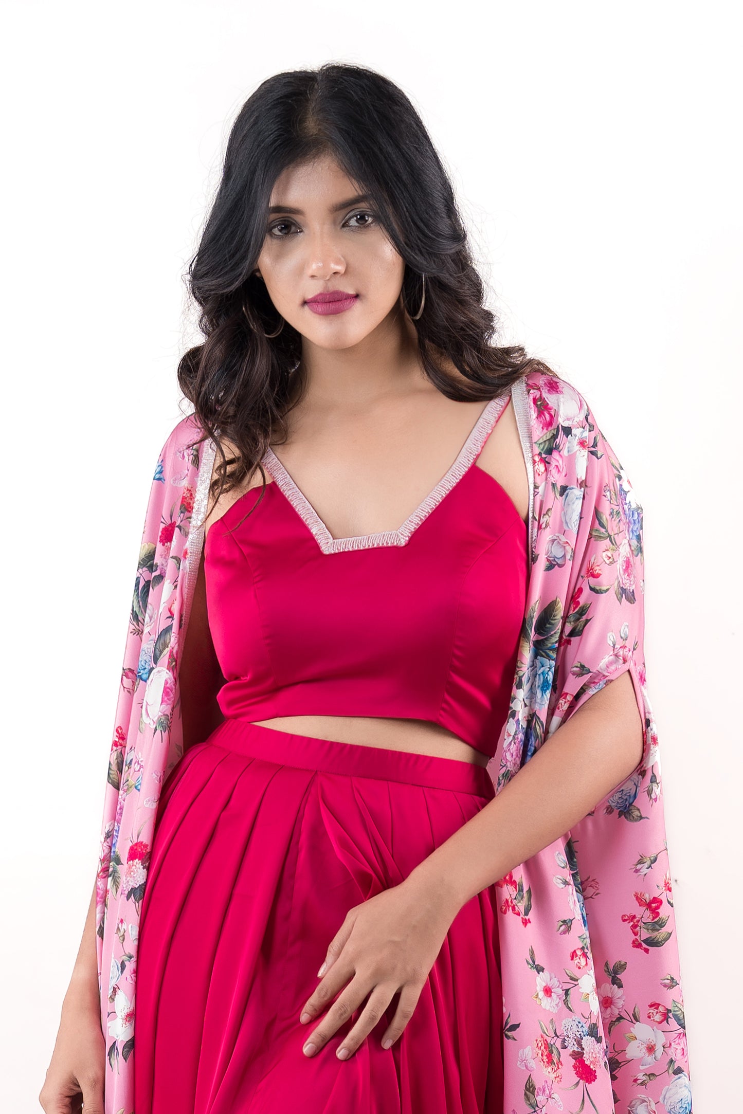 Hot pink crop top, Draped dhoti style skirt , playful printed shrug - Ensemble