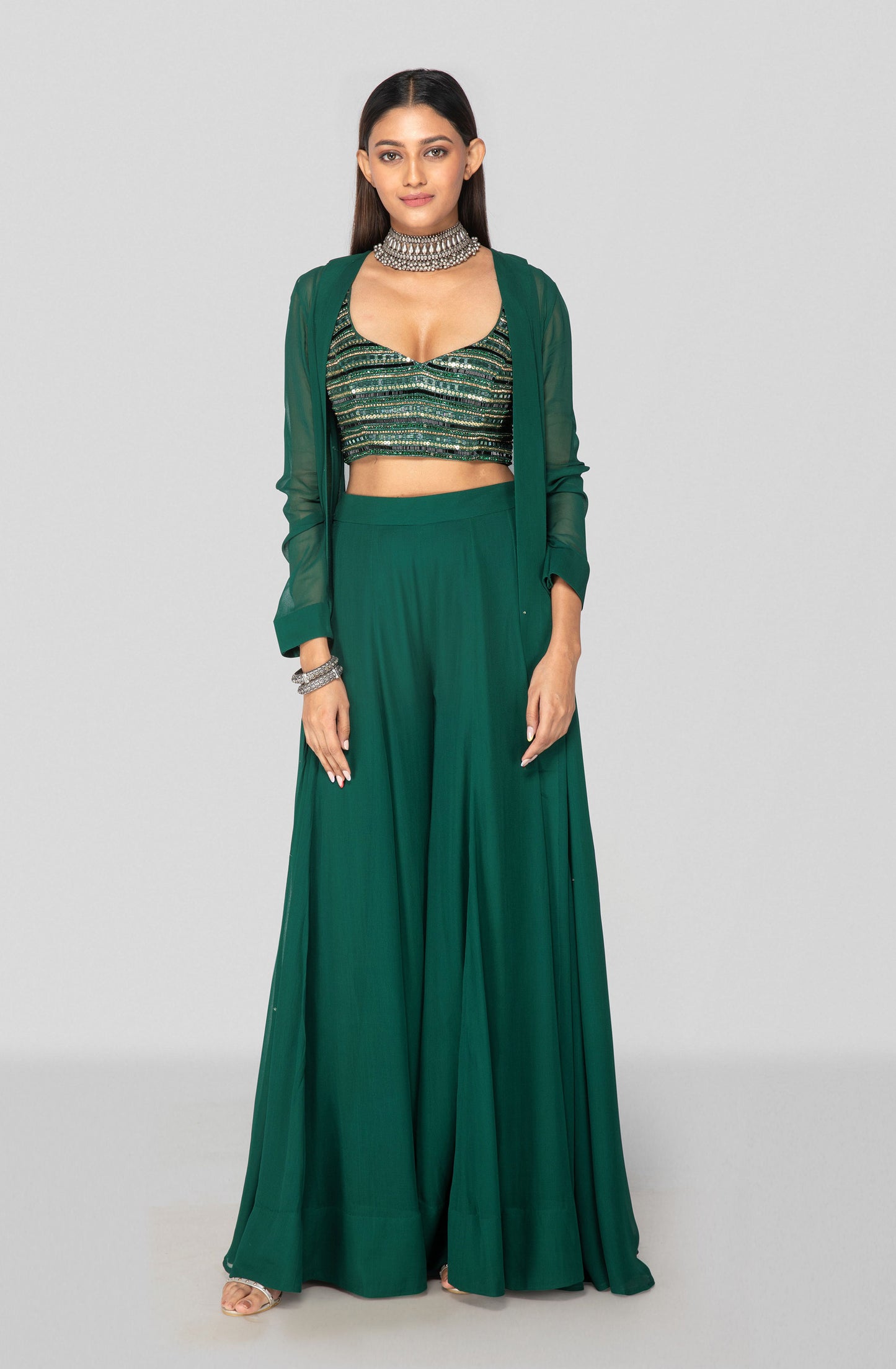 Emerald Green Embellished Sharara And Jacket Set - Nazm