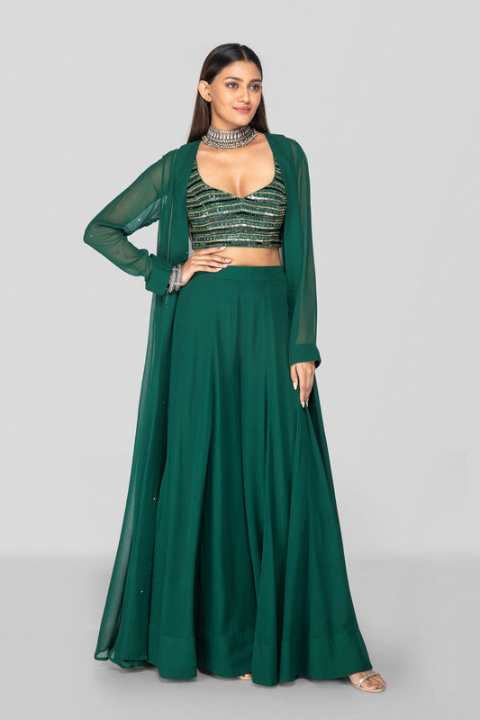 Emerald Green Embellished Sharara And Jacket Set - Nazm