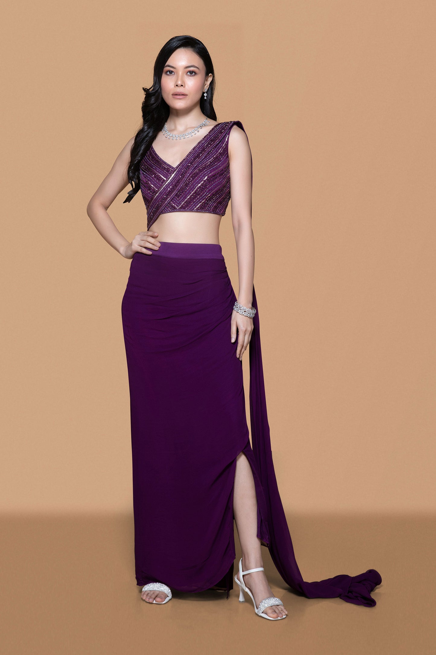 Deep Purple Pre Drape Saree - Nazm