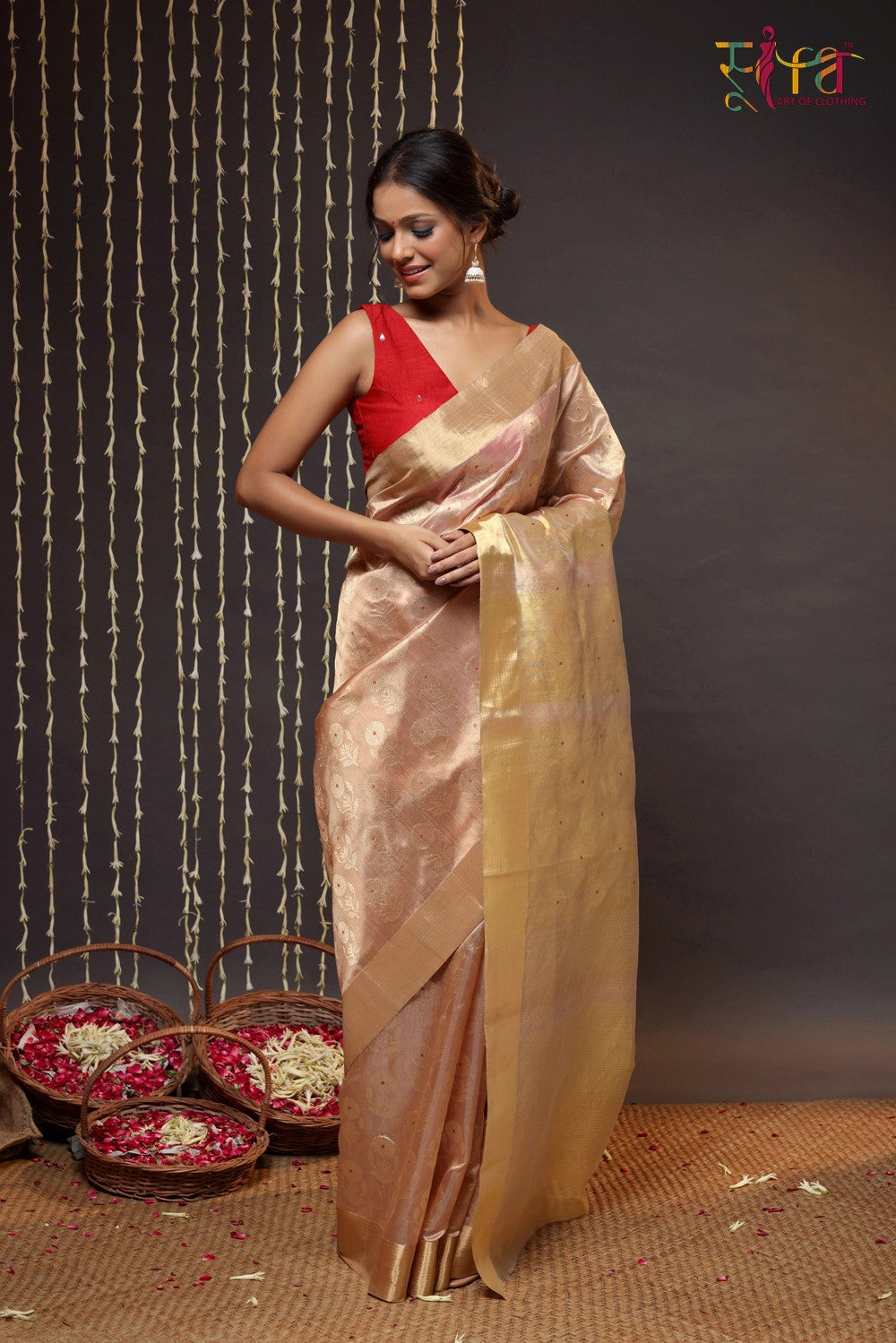 Handloom Gold Chanderi Pure Silk Saree With Meenakari Booti