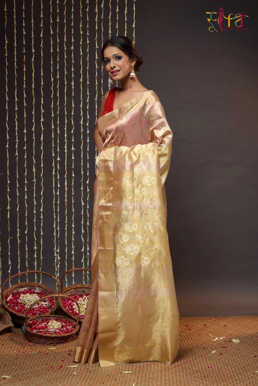 Handloom Gold Chanderi Pure Silk Saree With Meenakari Booti