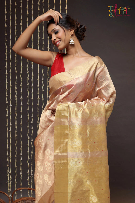 Handloom Gold Chanderi Pure Silk Saree With Meenakari Booti