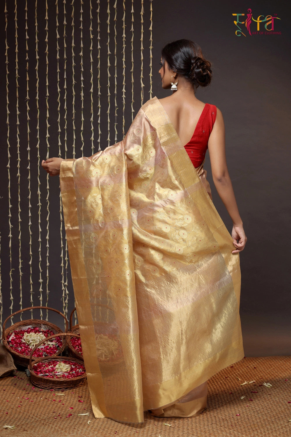 Handloom Gold Chanderi Pure Silk Saree With Meenakari Booti