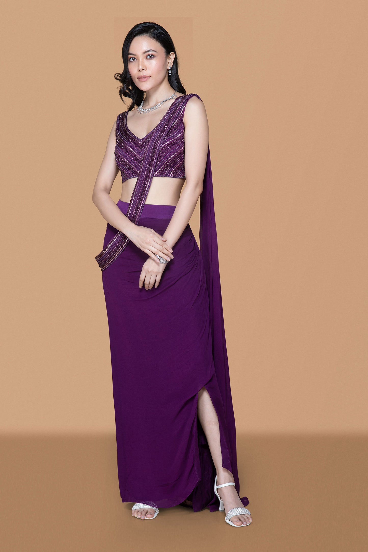 Deep Purple Pre Drape Saree - Nazm