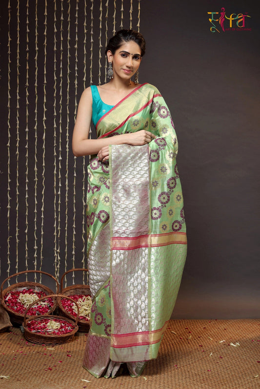 Parrot Green Handloom Chanderi Pure Silk Saree With Broad Silver Zari Border