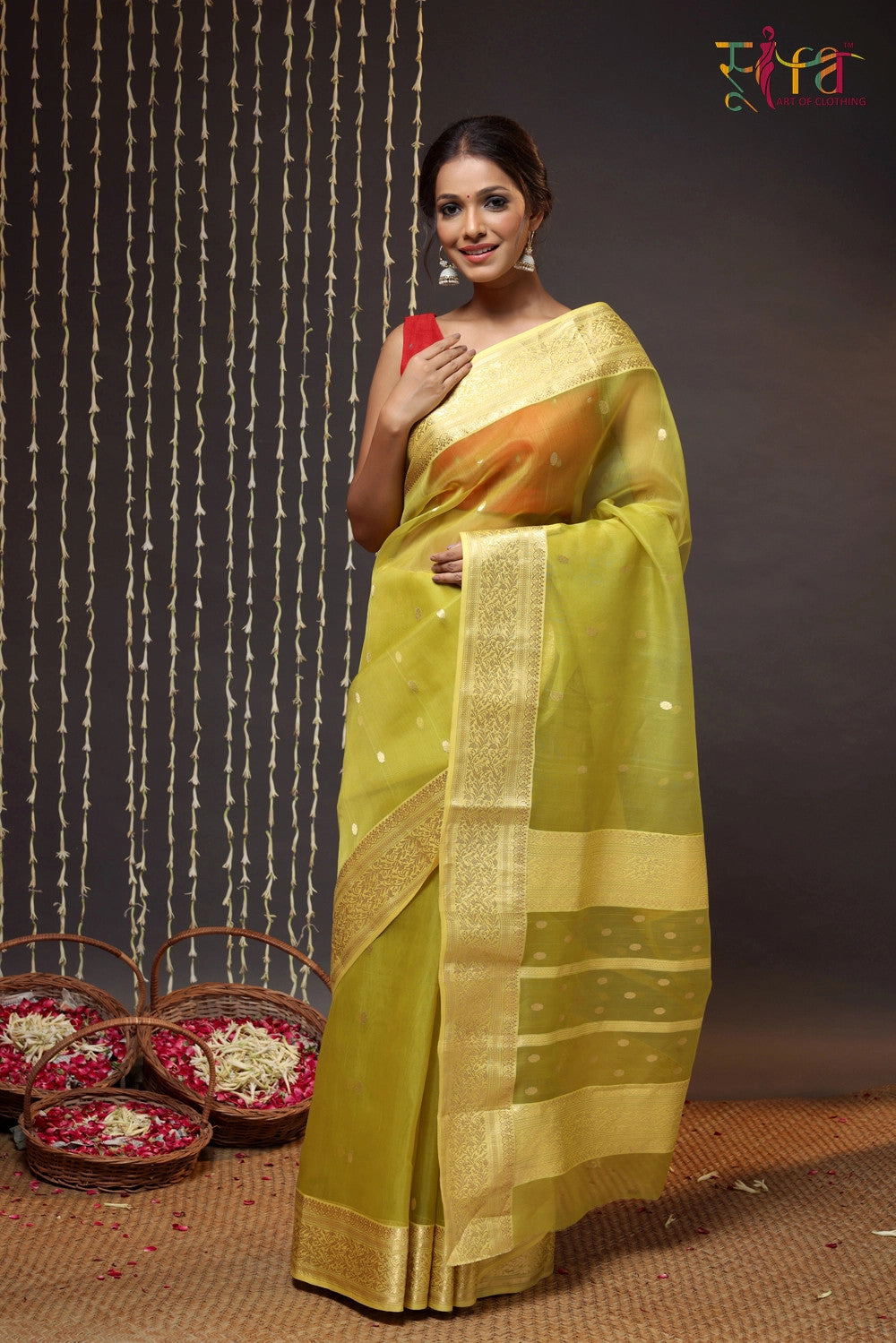 Green Handloom Katan Silk Chanderi Saree With Zari Border & Motifs