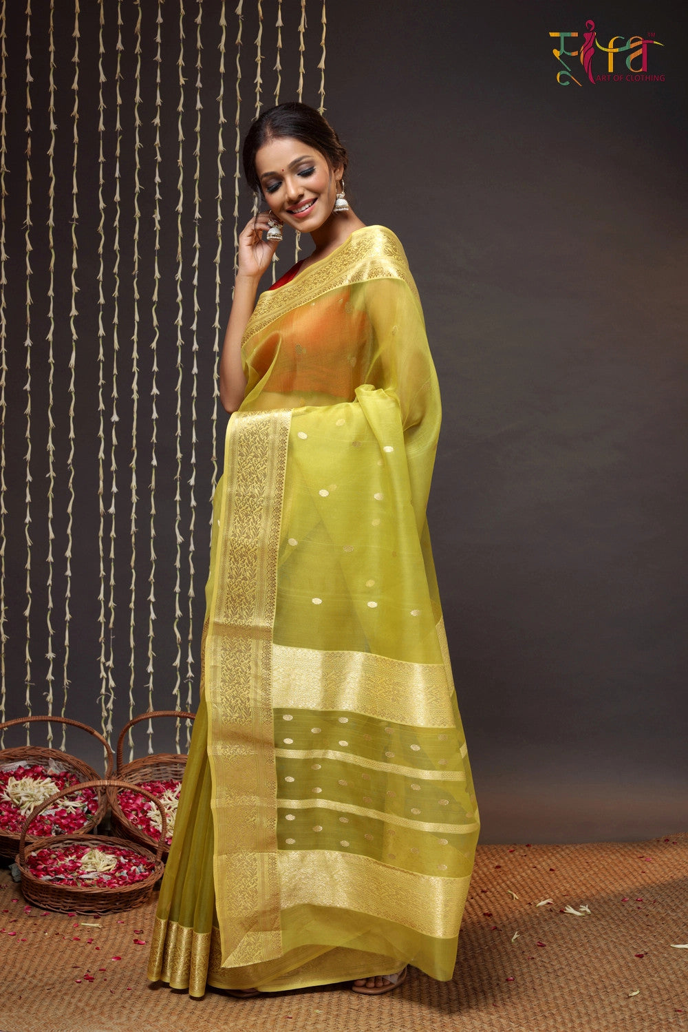 Green Handloom Katan Silk Chanderi Saree With Zari Border & Motifs