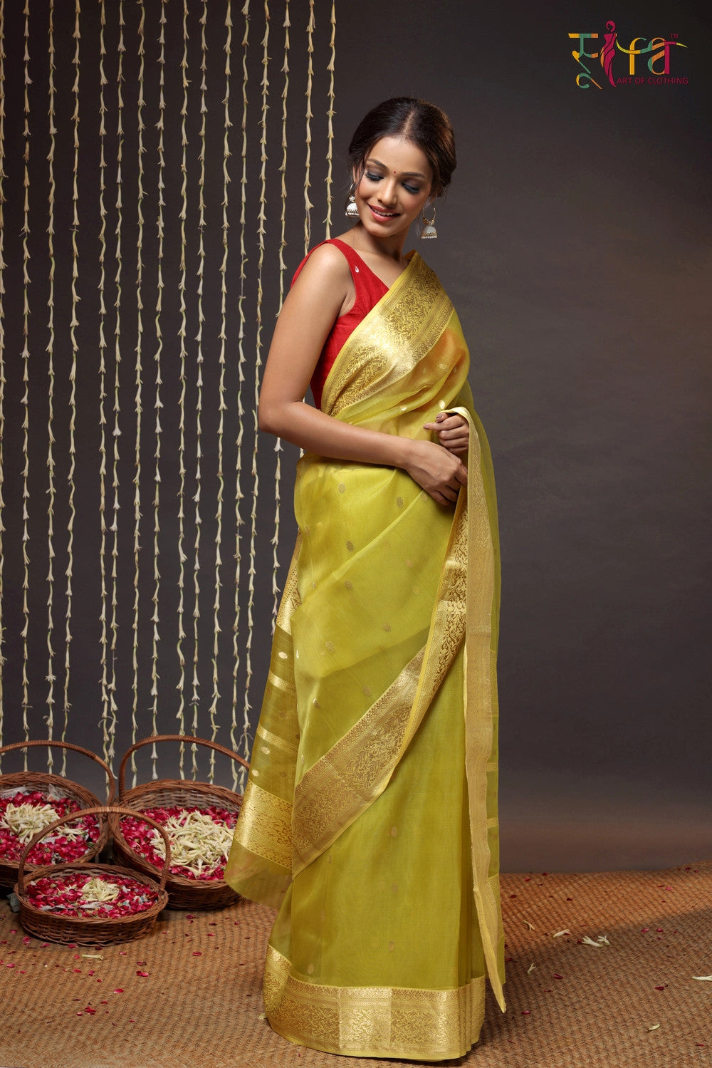 Green Handloom Katan Silk Chanderi Saree With Zari Border & Motifs