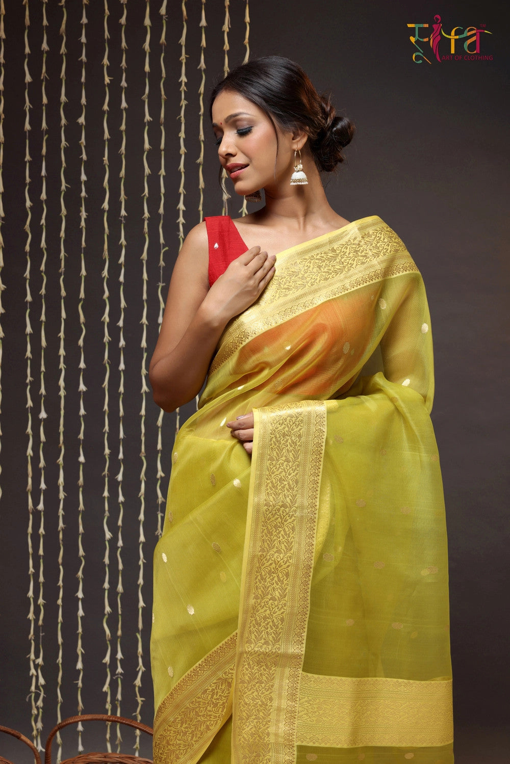 Green Handloom Katan Silk Chanderi Saree With Zari Border & Motifs