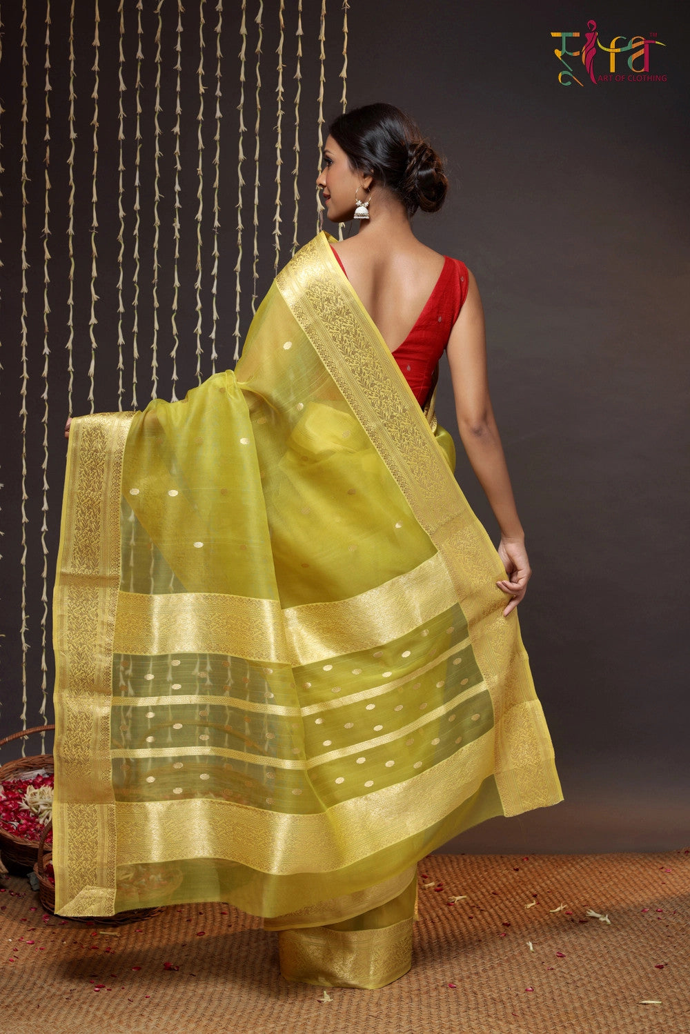 Green Handloom Katan Silk Chanderi Saree With Zari Border & Motifs