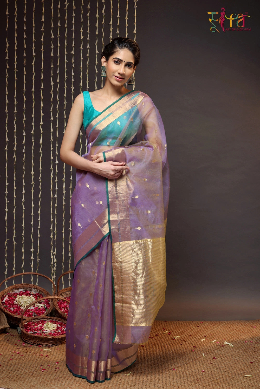 Purple Handloom Katan Silk Chanderi Saree With Zari Border & Motifs