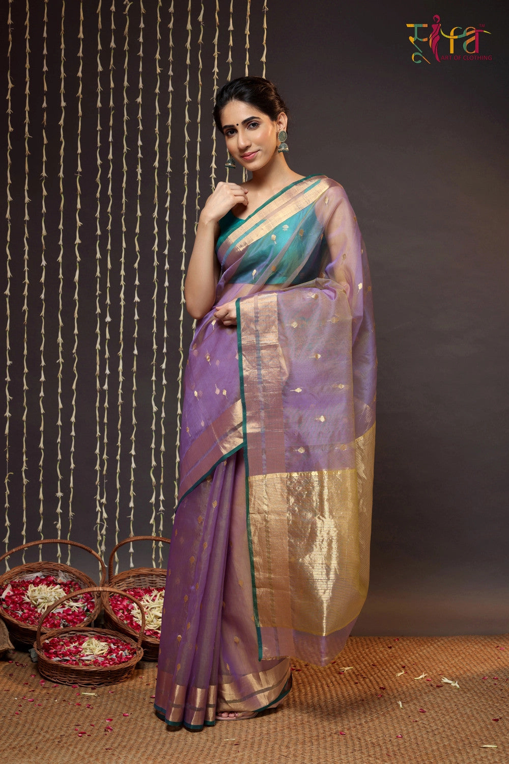 Purple Handloom Katan Silk Chanderi Saree With Zari Border & Motifs