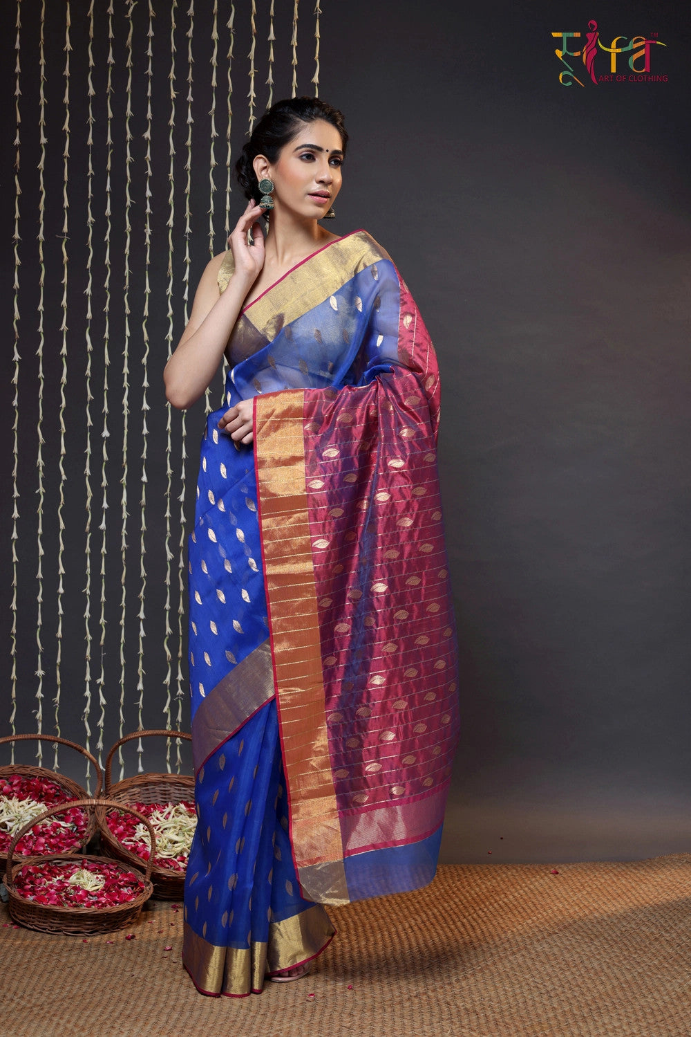 Navy Blue Handloom Katan Silk Chanderi Saree With Zari Border