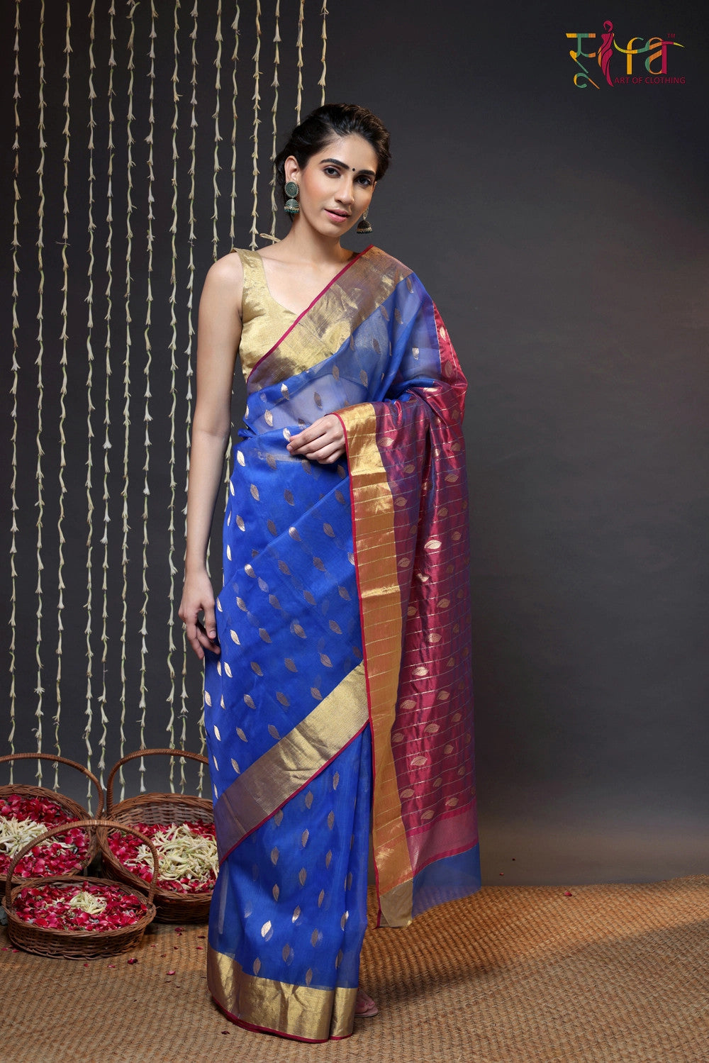 Navy Blue Handloom Katan Silk Chanderi Saree With Zari Border