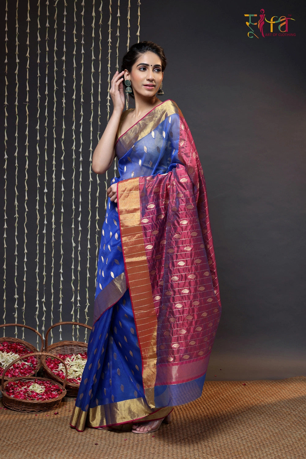 Navy Blue Handloom Katan Silk Chanderi Saree With Zari Border