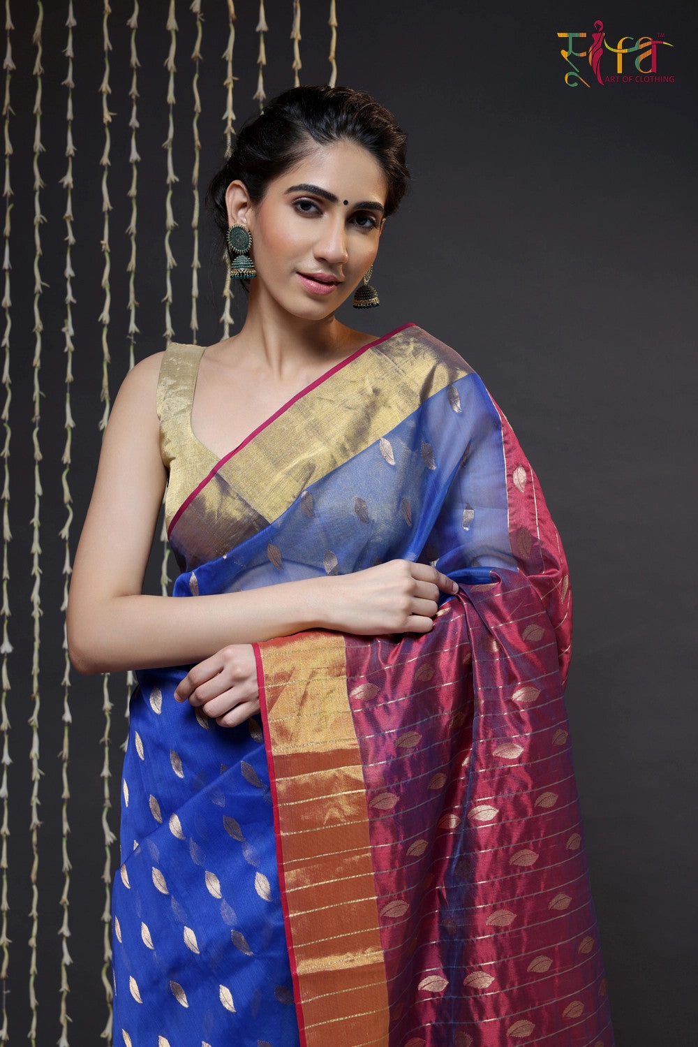 Navy Blue Handloom Katan Silk Chanderi Saree With Zari Border