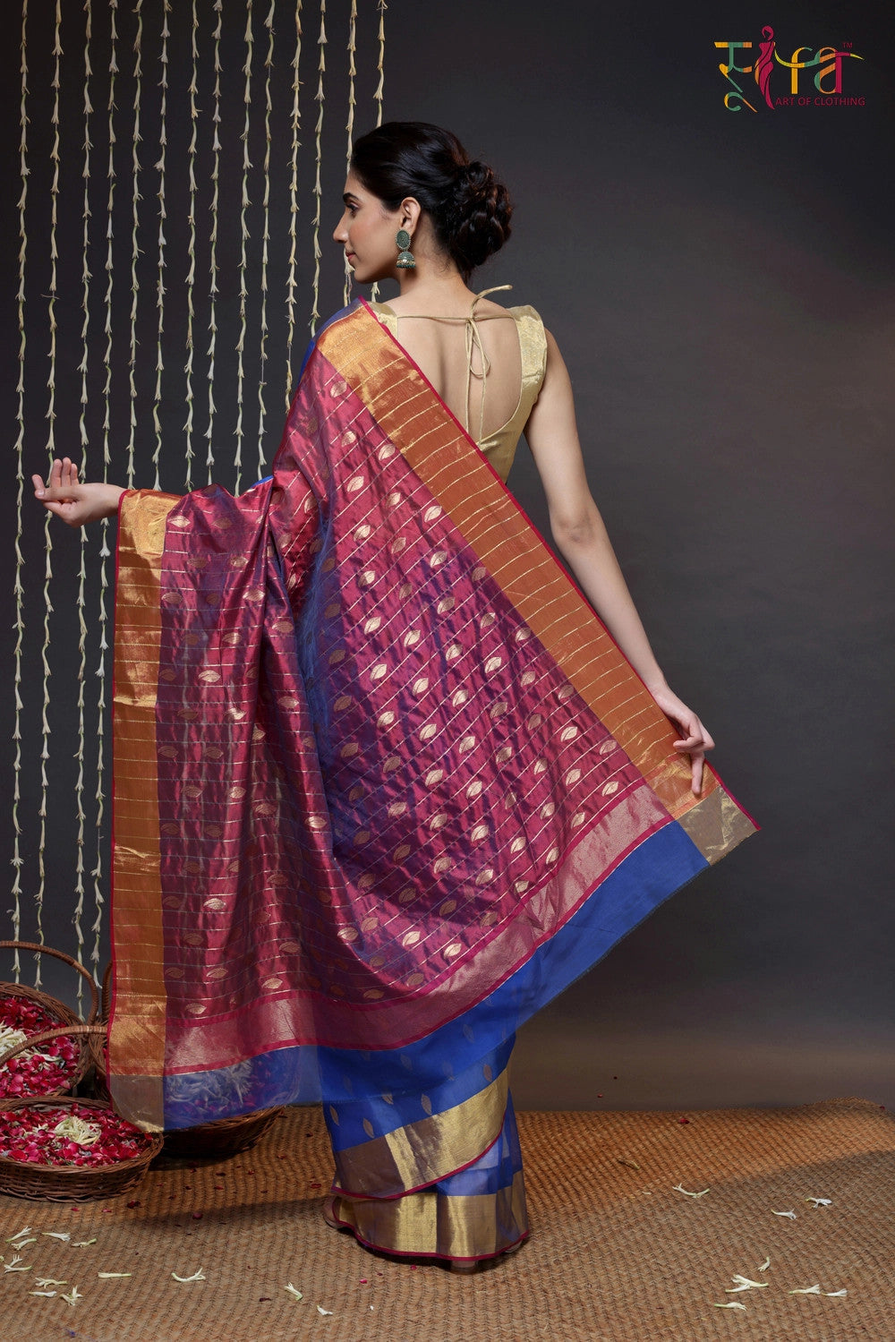 Navy Blue Handloom Katan Silk Chanderi Saree With Zari Border