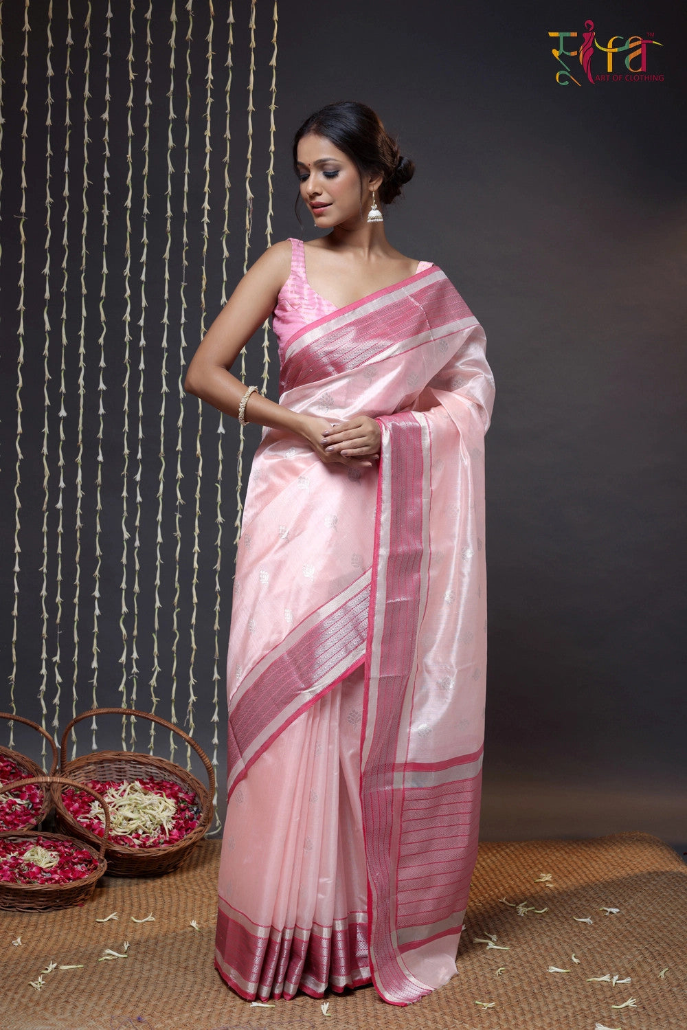 Pink Handloom Chanderi Saree With Silver Zari Border & Motifs