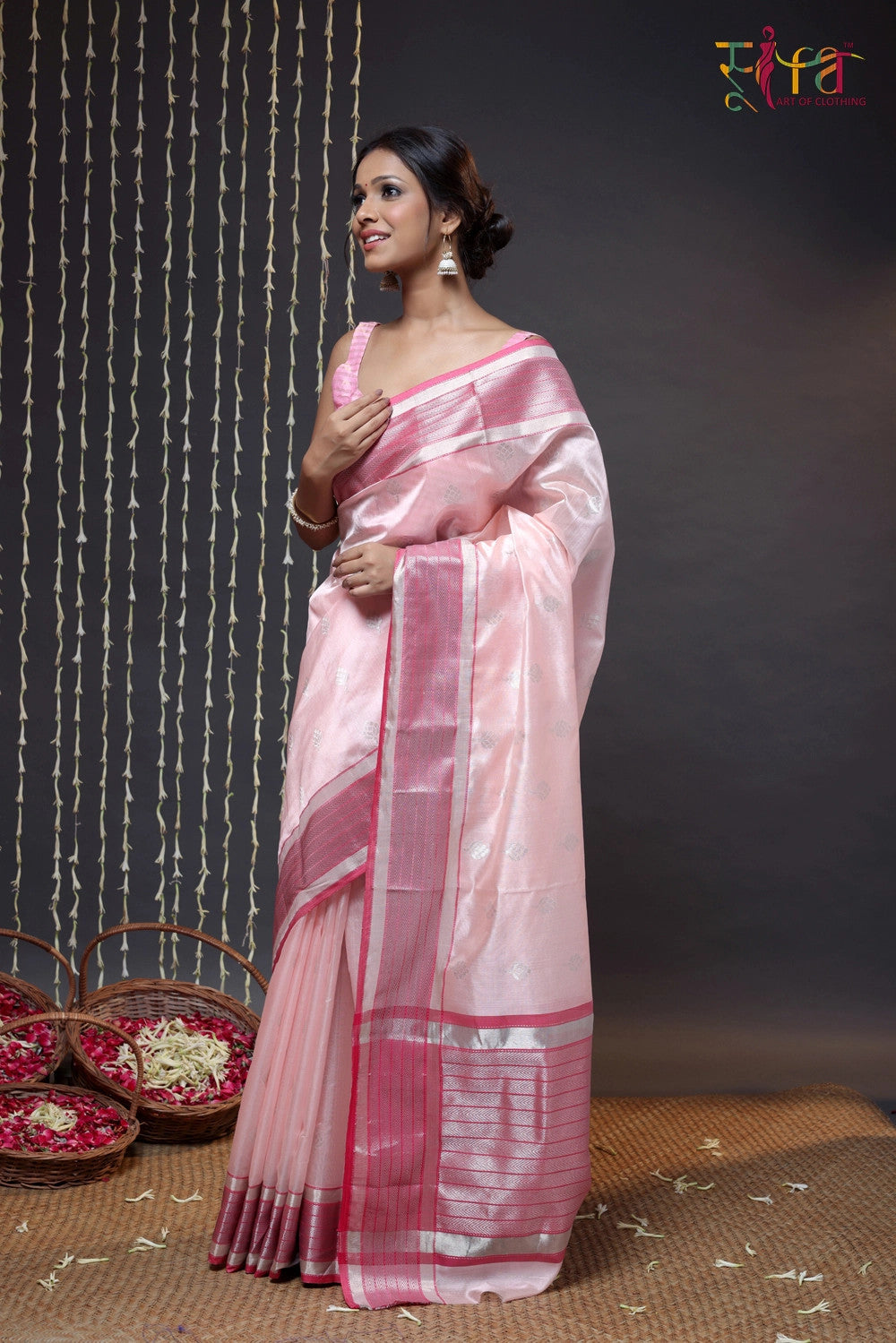 Pink Handloom Chanderi Saree With Silver Zari Border & Motifs