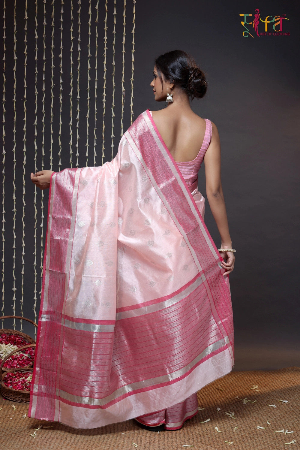 Pink Handloom Chanderi Saree With Silver Zari Border & Motifs