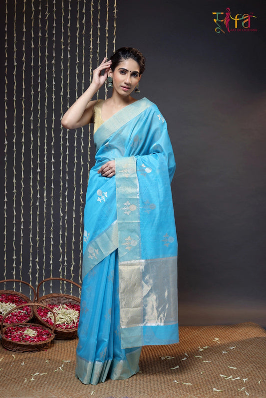 Sky Blue Handloom Chanderi Saree With Zari Floral Motifs