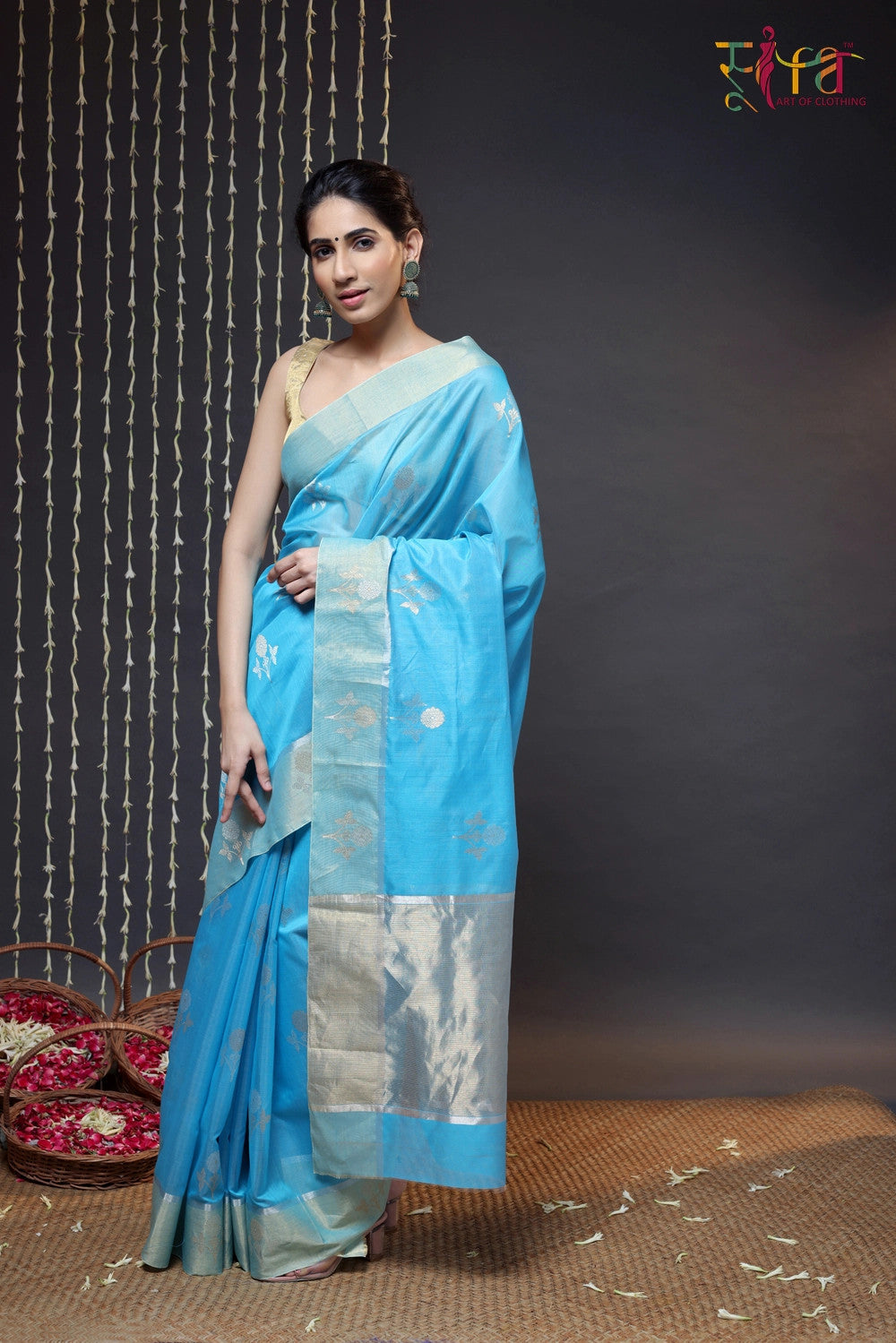 Sky Blue Handloom Chanderi Saree With Zari Floral Motifs