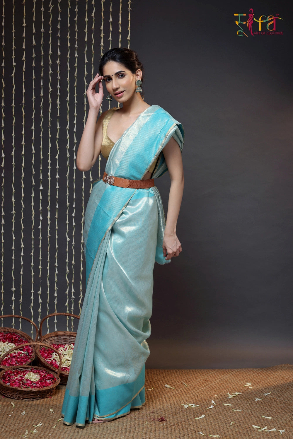 Sea Blue Chanderi pure silk woven with Zari motifs