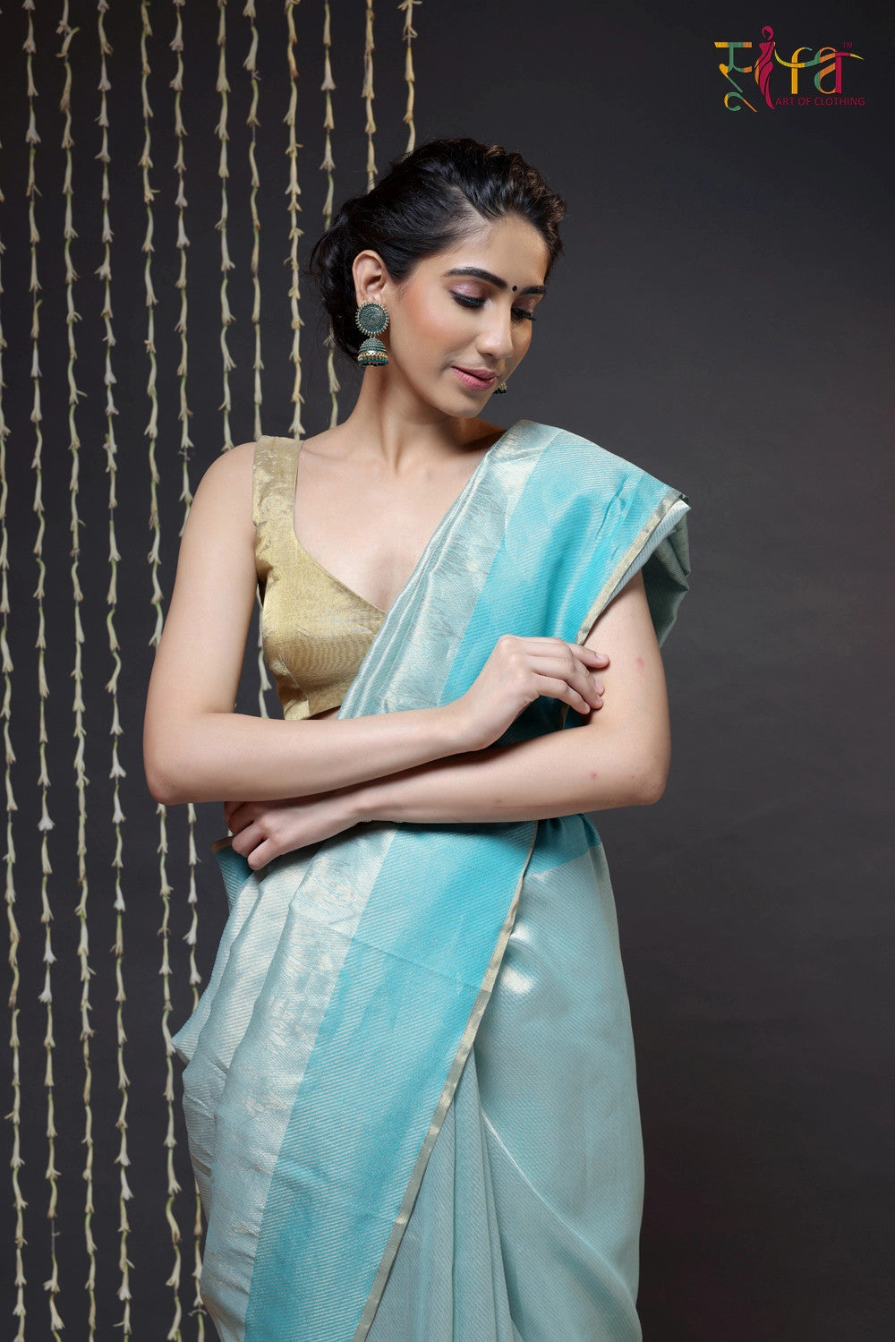 Sea Blue Chanderi pure silk woven with Zari motifs