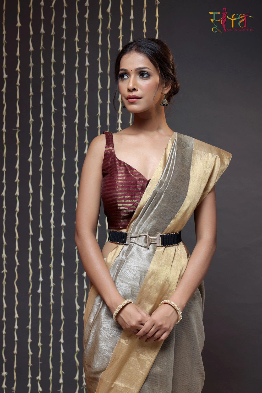 Brown Handloom Chanderi Pure Silk Saree With Gold Border