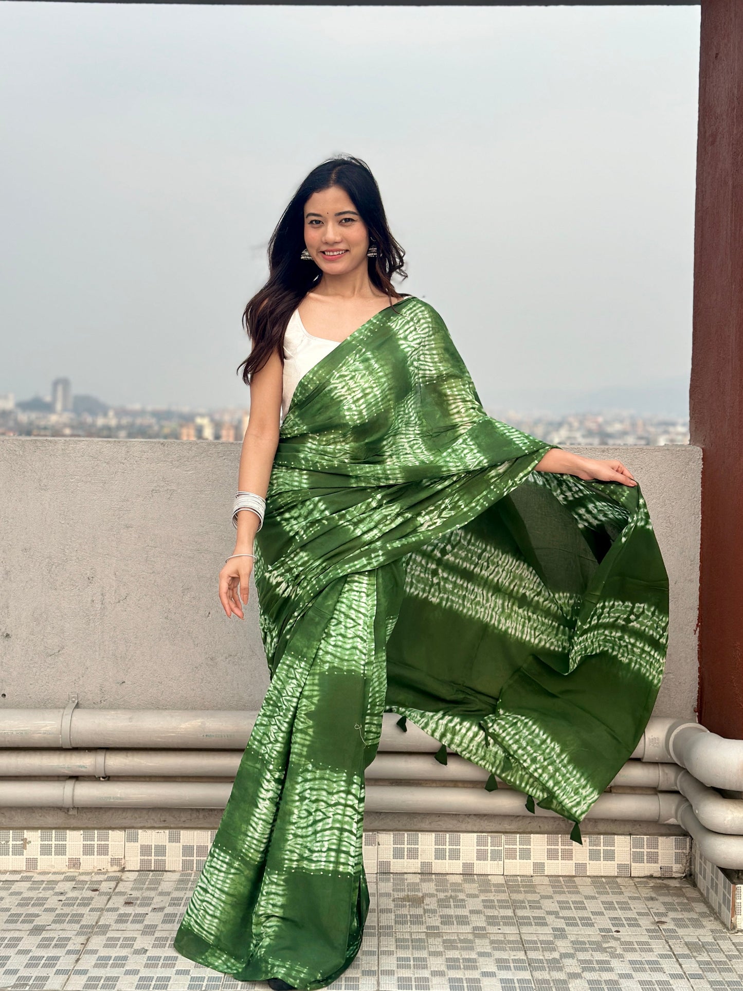 Dhaani- Green Tie & Dye Shibori Print Natural Dyed - Mulmul Cotton Saree