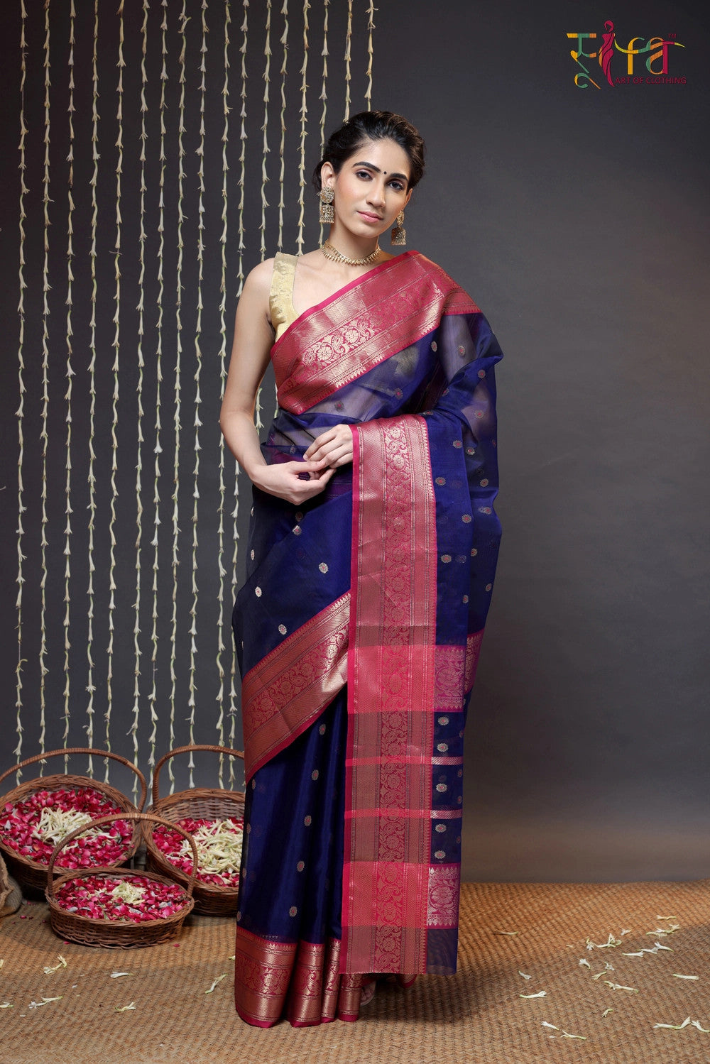 Handloom Navy Blue Katan Silk Chanderi Saree