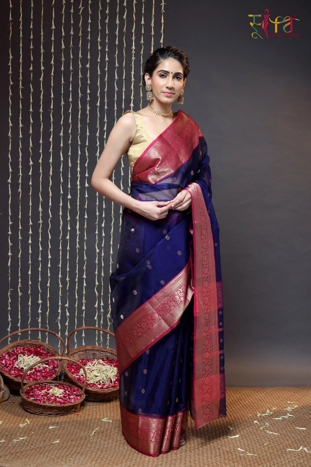 Handloom Navy Blue Katan Silk Chanderi Saree