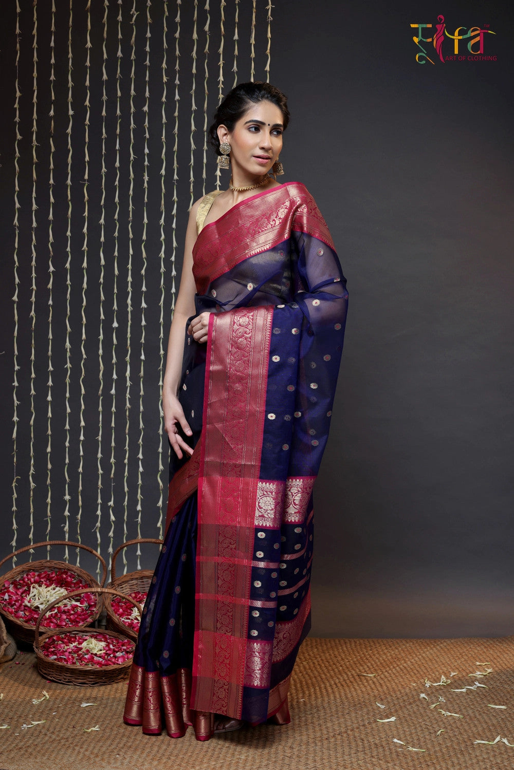 Handloom Navy Blue Katan Silk Chanderi Saree