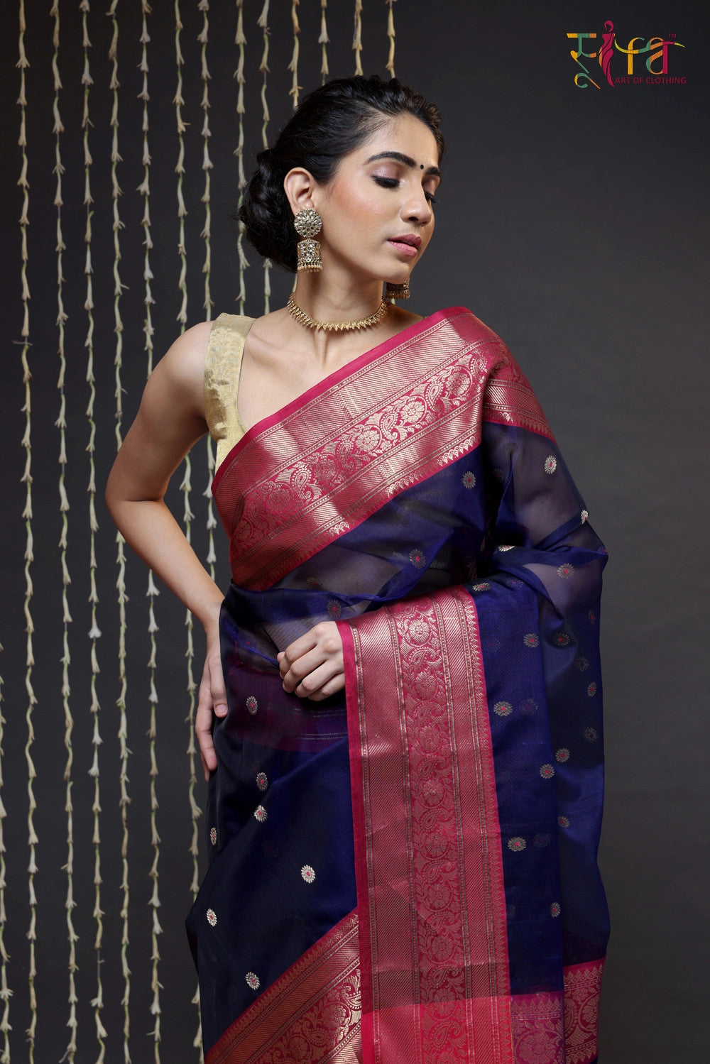 Handloom Navy Blue Katan Silk Chanderi Saree