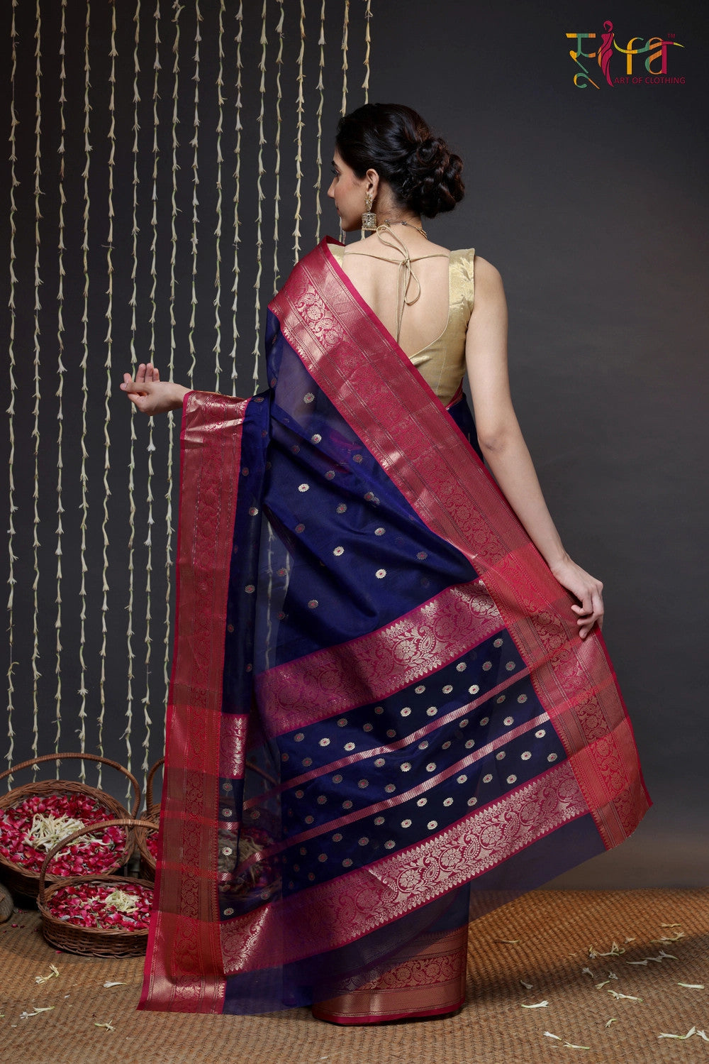 Handloom Navy Blue Katan Silk Chanderi Saree